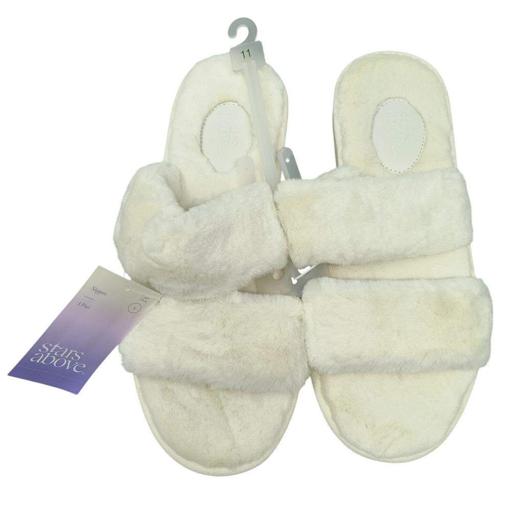 Stars Above Faux Fur Royal Slide Slippers Off-White Womens Size‎ 11 Slip On NEW